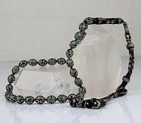 1000 Ayar Kazaz Püsküllü Mine ve Gümüş İşlemeli Erzurum Oltu Taşı Tesbih