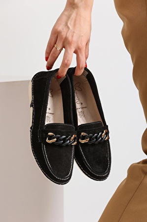 Kadın Hakiki Deri Loafer BY173 - Siyah Süet