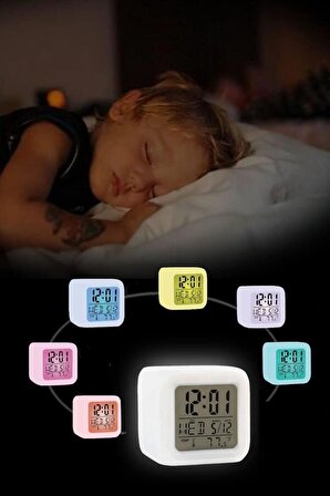 7 Renk Değiştiren Alarmlı Termometre Küp Şeklinde Saat Gece Lambası