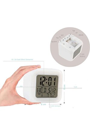 7 Renk Değiştiren Alarmlı Termometre Küp Şeklinde Saat Gece Lambası