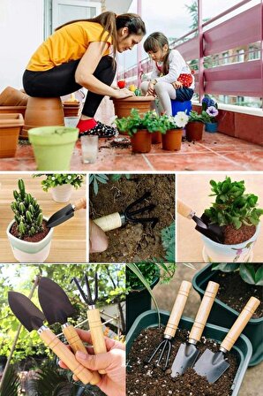 Mini Hobi Bahçesi Bakım Seti - 3 lü Saksı Bitkileri Bakım Seti - Toprak Kazma Havalandırma Seti