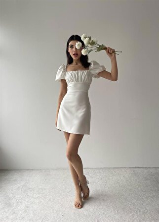 Beyaz Sırt Dekolteli Atlas Elbise -6751 