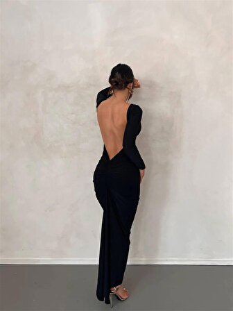 Madani Sırt Dekolteli Elbise Siyah