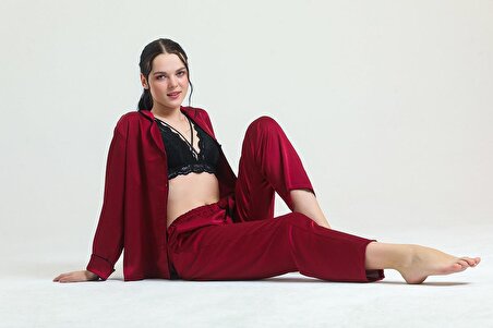 19718 - Biyeli Saten Pijama Takımı(Siyah Biyeli)