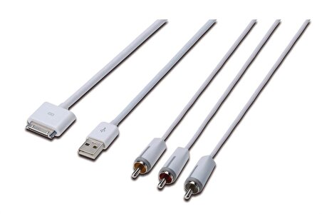 Digitus Apple Audio/Video bağlantı kablosu, Apple 30pin Erkek - 3 x RCA Erkek + USB A Erkek, 1.5 metre, Komposit Audio/Video, USB 2.0 uyumlu, UL, beyaz renk