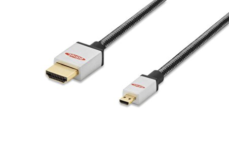 ednet Premium HDMI High Speed with Ethernet Bağlantı Kablosu (HDMI 1.4), 2160p, 4K, HDMI D (mikro) Erkek  HDMI A Erkek, 2 metre, AWG30, UL, 3x zırhlı, pamuk örgü kablo kılıfı, altın kaplama, gümüş/siyah renk