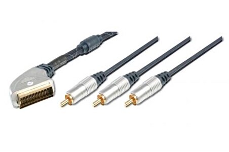 Yüksek Kaliteli Scart Kablosu, Scart erkek  3 x RCA erkek cinch konnektör, 5 metre, metal fiş, krom kaplama, kontak uçları altın kaplama, ferrite filtre, zırhlı