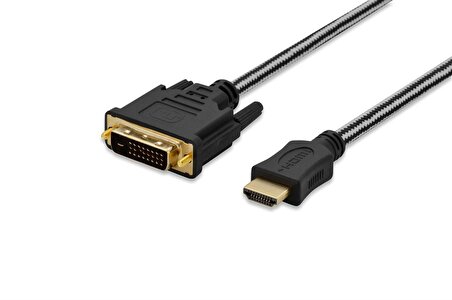 ednet HDMI - DVI Bağlantı Kablosu, 5 metre, HDMI tip A, (19-pin) Erkek - DVI-D (24+1) Erkek, AWG 28, 2 x zırhlı, pamuk örgü kablo kılıfı, gümüş/siyah renk, altın kaplama
