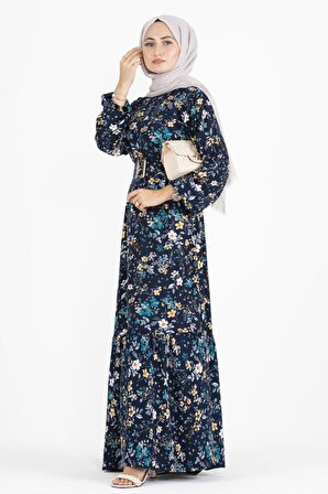 Çiçekli Kaplama Kemerli Viscon Elbise-Lacivert
