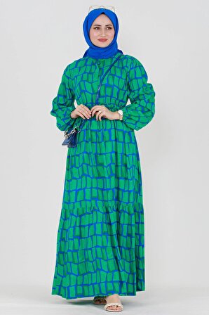 Cam Kırığı Desenli Viskon Elbise-Yeşil