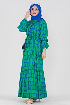Cam Kırığı Desenli Viskon Elbise-Yeşil
