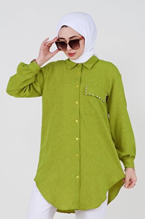 Cebi Taş Detaylı Gömlek-Fıstık Yeşili