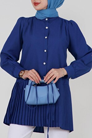 Eteği Piliseli Önü Yarım Düğmeli Tunik Gömlek -Saks Mavi