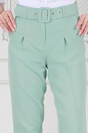 Beli Kemerli Pileli Kalem Pantolon-Yeşil