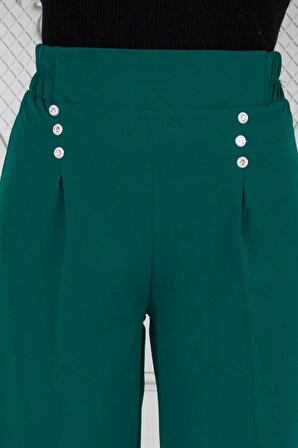 Pile Detaylı Üç Düğmeli Pantolon-Zümrüt Yeşili