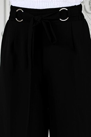 Halka Detay Bol Paça Pantolon-Siyah