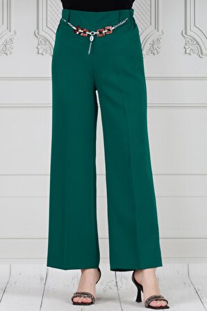 Zincir Detaylı Bol Paça Pantolon-Zümrüt Yeşili
