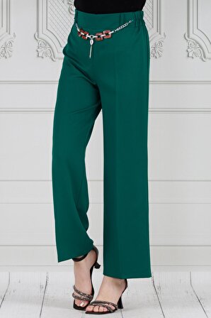Zincir Detaylı Bol Paça Pantolon-Zümrüt Yeşili