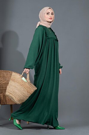 Fırfırlı robalı Bürümcük elbise- Zümrüt Yeşil