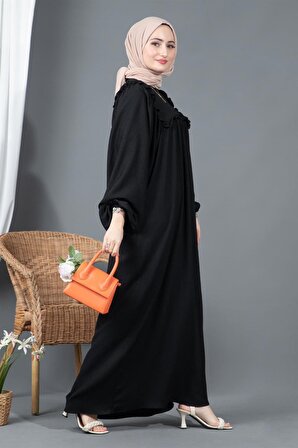 Fırfırlı robalı Bürümcük elbise-Siyah