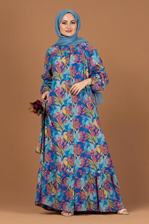 Palmiye Desenli Kuşaklı Tesettür Elbise-Mavi