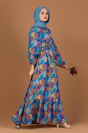 Palmiye Desenli Kuşaklı Tesettür Elbise-Mavi
