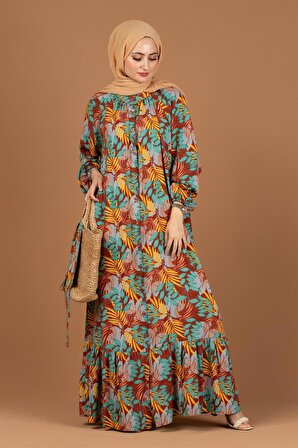 Palmiye Desenli Kuşaklı Tesettür Elbise-Bej