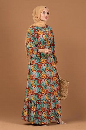 Palmiye Desenli Kuşaklı Tesettür Elbise-Bej