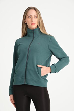 Koyu Yeşil Tam Fermuarlı Nakışlı Dik Yaka Kadın Sweatshirt