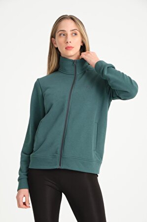 Koyu Yeşil Tam Fermuarlı Nakışlı Dik Yaka Kadın Sweatshirt