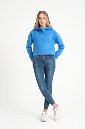Mavi V Yaka Kapüşonlu Kadın Sweatshirt