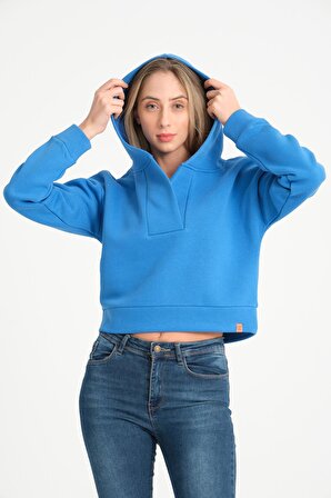 Mavi V Yaka Kapüşonlu Kadın Sweatshirt