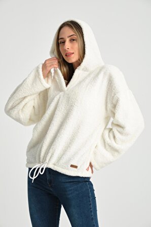 Beyaz Kapşonlu Kadın Peluş Sweatshirt