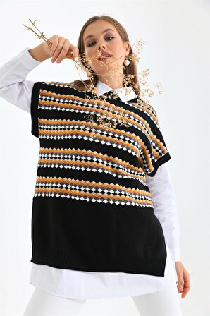 FTZ Women Kadın Etnik Desen Gömlekli Takım Siyah 21-6258