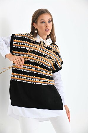 FTZ Women Kadın Etnik Desen Gömlekli Takım Siyah 21-6258