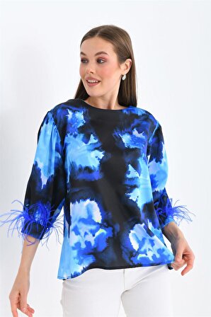 Ftz Women Kadın Tüğlü Saten Bluz Saks Mavi