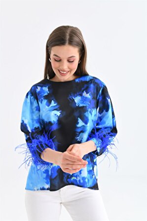 Ftz Women Kadın Tüğlü Saten Bluz Saks Mavi