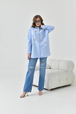FTZ Women Kadın Taşlı Gömlek Mavi RBN5012