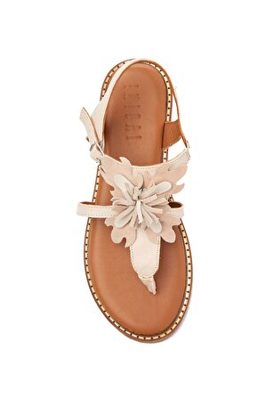 Beyaz Çiçekli Parmak Arası Deri Kadın Sandalet