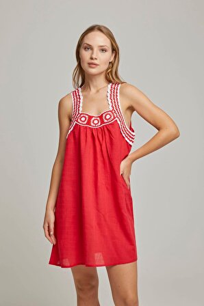 Kırmızı Şile Bezi Beyaz İşlemeli Askılı Kolsuz Salaş Yazlık Astarsız Plaj Pamuklu Elbise