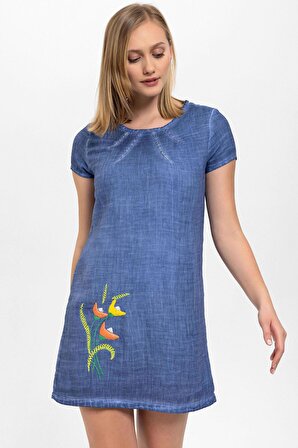 Mavi Şile Bezi Çiçek İşlemeli  Kısa Kollu Yazlık Astarsız Plaj Pamuklu Elbise
