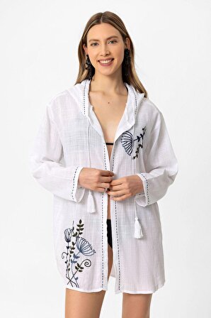 Beyaz Şile Bezi Uzun Kollu Kapüşonlu Çiçek İşlemeli Yazlık Plaj Pamuklu Kimono