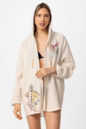 Krem Şile Bezi Uzun Kollu Kapüşonlu Çiçek İşlemeli Yazlık Plaj Pamuklu Kimono