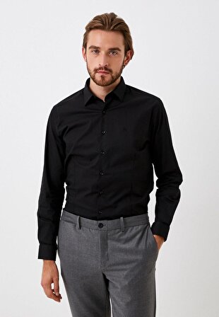 Erkek Klasik Gömlek Siyah İtalyan Yaka Slim Fit Çift Pens 'li Pamuk Gömlek NCS JEANS 7281