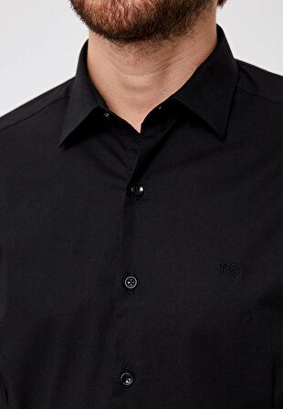 Erkek Klasik Gömlek Siyah İtalyan Yaka Slim Fit Çift Pens 'li Pamuk Gömlek NCS JEANS 7281