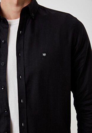 Erkek Gömlek Pamuklu Siyah Ön Pat'lı Slim Fit Düğmeli Yaka Logo Detaylı Gömlek NCS JEANS 7276