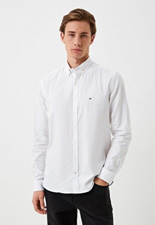 Erkek Gömlek Beyaz Pamuklu Ön Pat'lı Slim Fit Düğmeli Yaka Logo Detaylı Gömlek NCS JEANS 7276