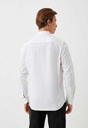 Erkek Gömlek Beyaz Pamuklu Ön Pat'lı Slim Fit Düğmeli Yaka Logo Detaylı Gömlek NCS JEANS 7276