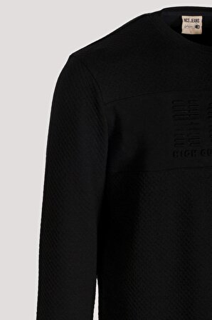 Erkek Sweatshirt Siyah Kabartma Baskılı Bisiklet Yaka Logo Detay Cotonel Kumaş Sweat NCS JEANS 1614