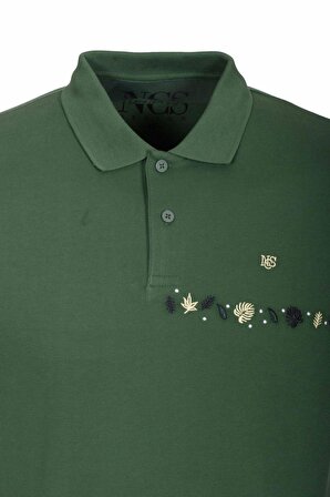 Erkek Polo Yaka Tişört Koyu Yeşil %100 Pamuk Slim Fit Ribanalı Kol Nakışlı T-shirt NCS JEANS 1169